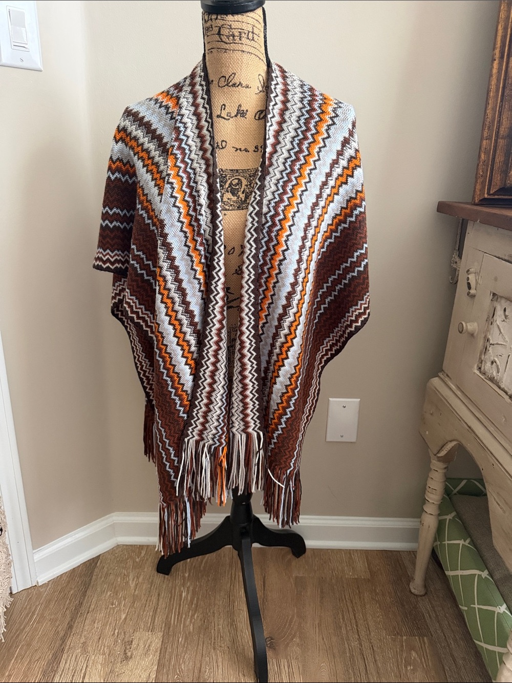 Missoni Chevron Fringe Knit Shawl - Brown, Orange, Gray & Blue